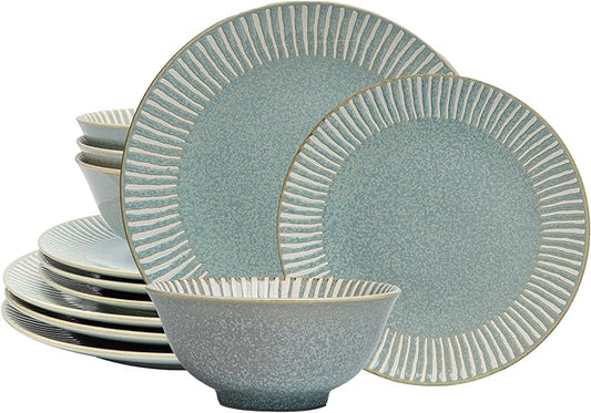 Bzyoo 12-Piece Reactive Blue Ceramic Dinnerware Set Bali Breeze Blue Elegant Table Setting for Every Occasion - Microwave & Dishwasher Safe Stackable