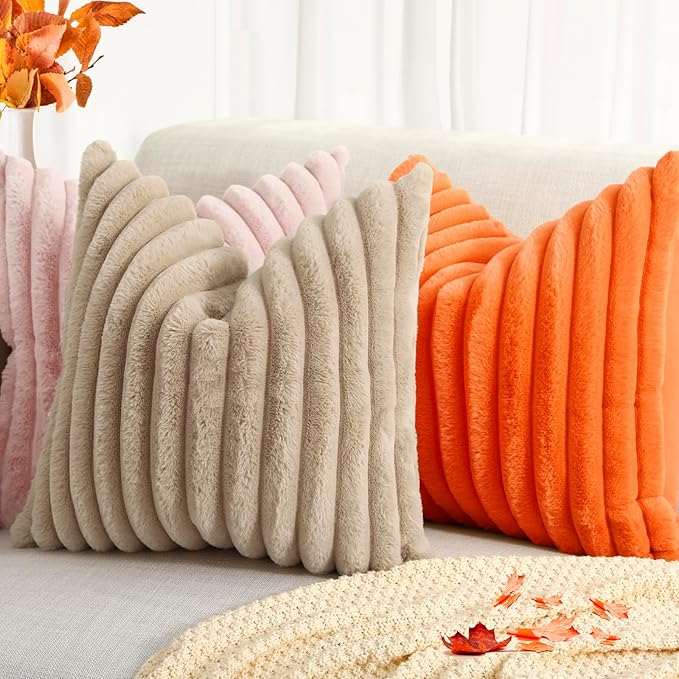 decorUhome Faux Fur Fall Throw Pillow Covers 24x24 Set of 2, Decorative Soft Plush Striped Neutral Euro Pillow Covers with Velvet Back for Bed, Living Room Home Decor, Orange