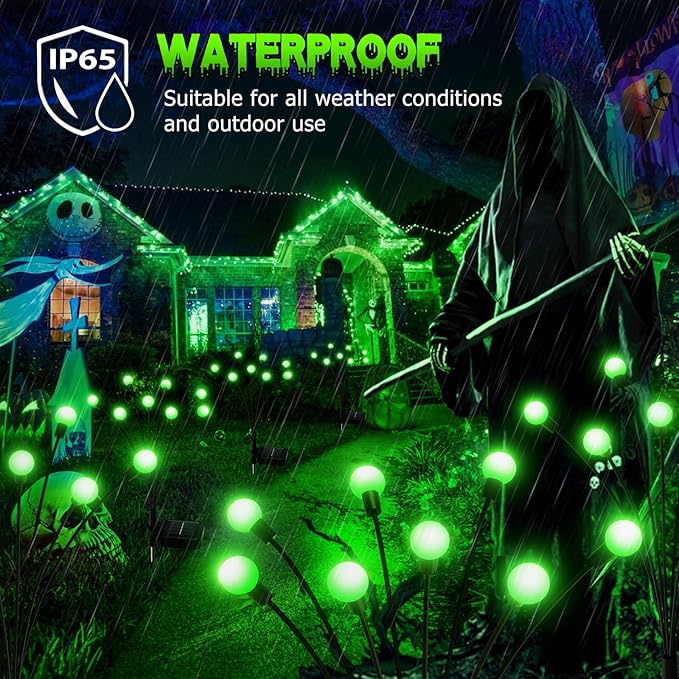 6Pack 48 LED Halloween Decorations Outdoor -LETMY Upgraded Swaying Solar Lights Outdoor, Waterproof Solar Firefly Lights Solar Halloween Lights for Pathway Yard Garden Decorations (Green)