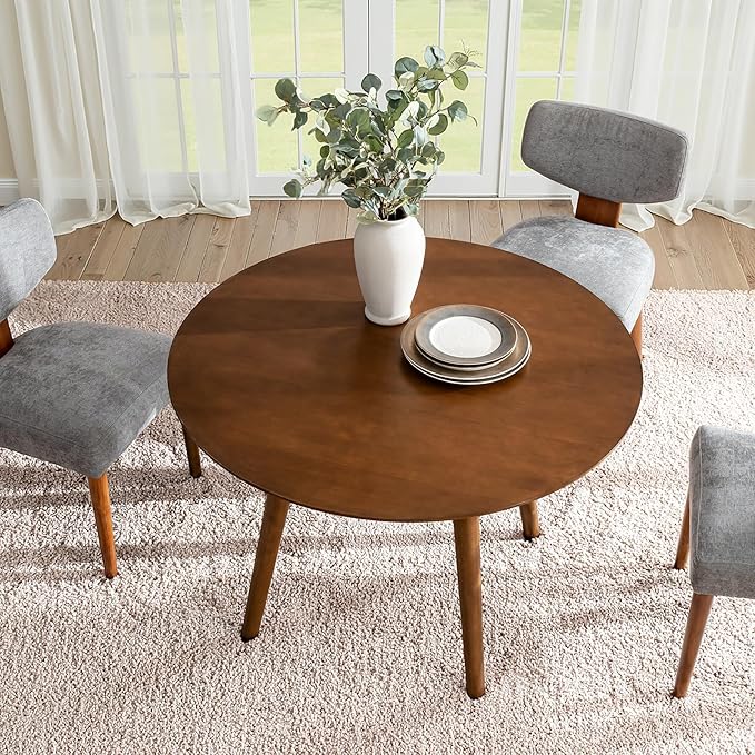 HULALA HOME Round Dining Table for 4, 45” Solid Wood Ktichen Table, Small Dinner Coffee Writing Table for Kitchen Dining Room, Save Space, Walnut
