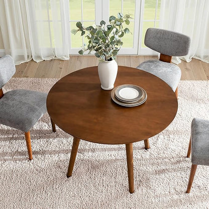 HULALA HOME Round Dining Table for 4, 45” Solid Wood Ktichen Table, Small Dinner Coffee Writing Table for Kitchen Dining Room, Save Space, Walnut
