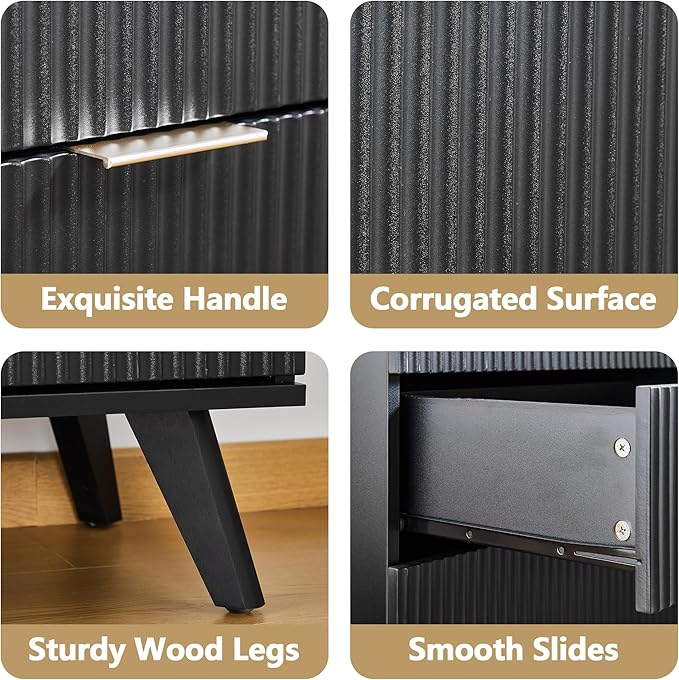 Fluted 3 Drawer Dressers, Modern Closet Dressers Chest of Drawers, Wood Storage Dresser Chest of Drawers Organizer for Bedroom Living Room Hallway Closet(Black)