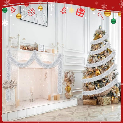 Lush Christmas Tinsel Garland, Silver & White Radiant Metallic Twist Streamers for Holiday Decor, Plush & Full Xmas Tree Garland for an Elegant Festive Atmosphere, Indoor & Outdoor Party Supplies