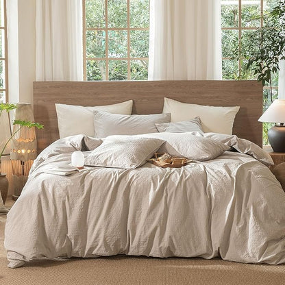 MooMee Wavy Striped Duvet Cover Set 100% Washed Cotton Linen Like Textured Breathable Durable Soft Comfy (Beige, Cal King 104"x98")