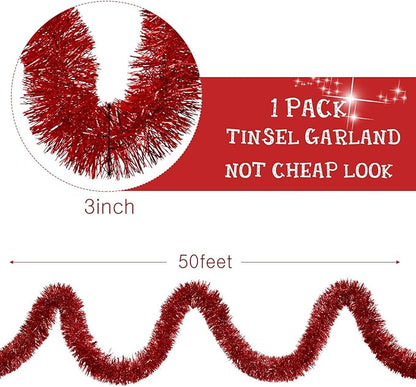 WILLBOND 50 ft Christmas Tinsel Garland Metallic Tinsel Twist Garland Christmas Tree Decorations New Year Wedding Birthday Hanging Decorations Party Supplies, 3 Inch(Red)