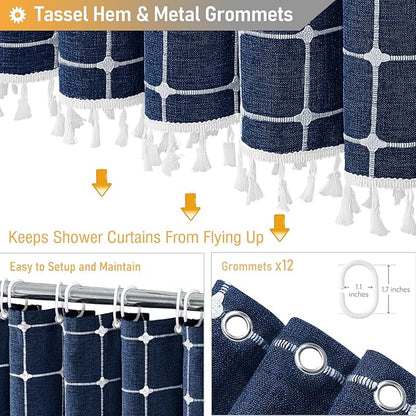 BTTN Extra Long Shower Curtain - 72x96 Inch Long Boho Chic Linen Fabric Heavy Duty Shower Curtain Set with Hooks, Tall Bohemian Farmhouse Shabby Chic Tassel Shower Curtains for Bathroom - Navy Blue