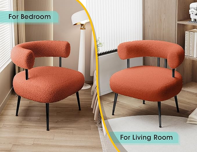 Mid Century Sherpa Boucle Accent Chair, Round Upholstered Barrel Arm Chair for Small Spaces, Fluffy Side Corner Chair for Living Room, Bedroom, Vanity, Office, Reading Nook（Orange）