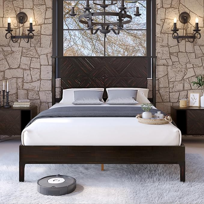 Bme Ethan Queen Bed Frame with Diamond Headboard, Mid-Century Modern, Solid Acacia Wood, No Box Spring Needed, Fits All Mattresses, Rustic Black