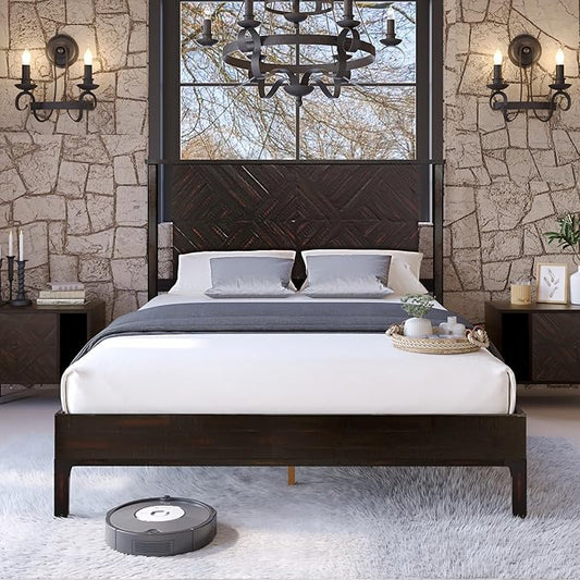 Bme Ethan Queen Bed Frame with Diamond Headboard, Mid-Century Modern, Solid Acacia Wood, No Box Spring Needed, Fits All Mattresses, Rustic Black