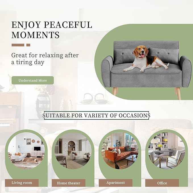 Vongrasig 47" Modern Loveseat Sofa Mid Century Linen 2 Seat Couch Tufted Tapered Legs, Light Gray