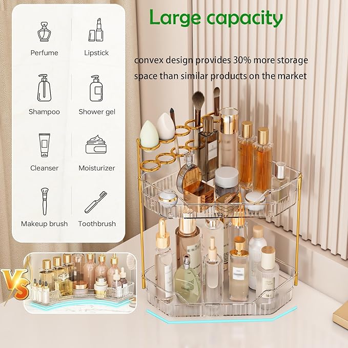 Corner Bathroom Counter Organizer with Makeup Brush Holder & Toothbrush Holders, Makeup Organizer for Vanity Countertop, Acrylic Skincare Storage Shelf (Clear, 2-Tier)