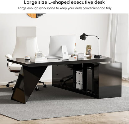 homary 70.9" Modern L-Shape Executive Desk, Home Office Desk with Drawers & Cabinet Modern Computer Desk for Home Business Furniture, Black, Left Hand