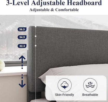 Allewie Queen Bed Frame with Adjustable Headboard, Upholstered Platform Bed with Wood Slats, Heavy Duty Mattress Foundation, No Box Spring Needed, Noise-Free, Easy Assembly, Dark Grey