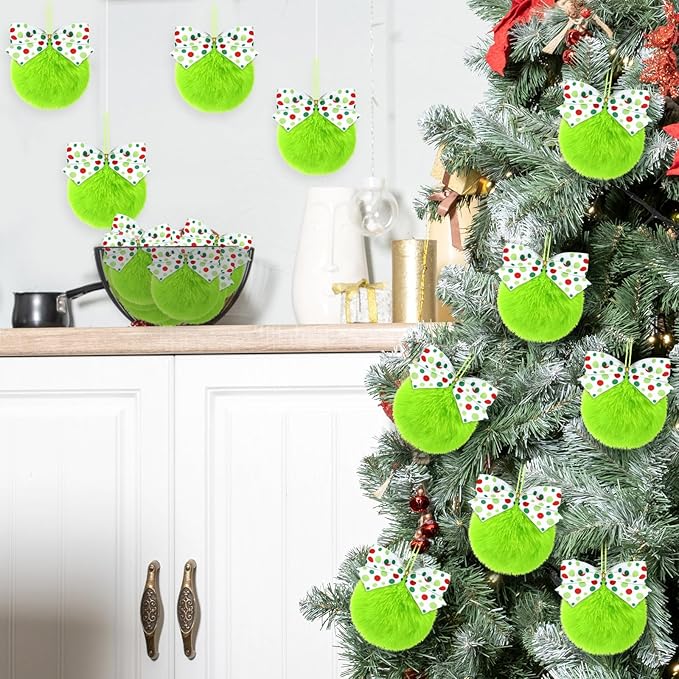 Norme 24-Pack Lime Green Furry Christmas Balls with Bow, 4" Soft Faux Fur Plush Pom Pom Ball Ornaments for Christmas Tree Hanging Decorations Party Fireplace Mantel Wall Decor(White Polka Dots)