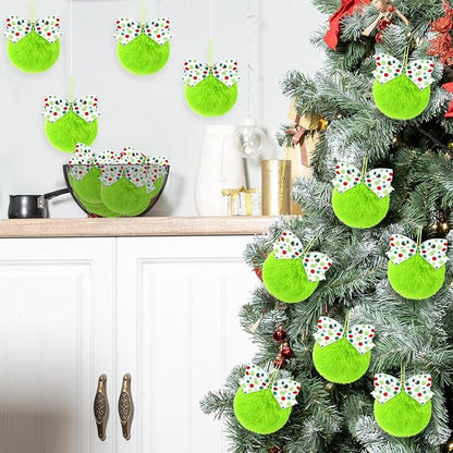 Norme 24-Pack Lime Green Furry Christmas Balls with Bow, 4" Soft Faux Fur Plush Pom Pom Ball Ornaments for Christmas Tree Hanging Decorations Party Fireplace Mantel Wall Decor(White Polka Dots)