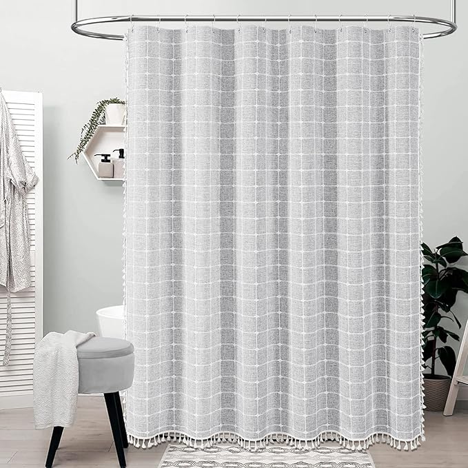 BTTN 80 Inch Long Shower Curtain - 72x80 Boho Farmhouse Linen Vintage Fabric Shower Curtain Set with 12 Plastic Hooks, Aesthetic Rustic Country Weighted Cloth Shower Curtains for Bathroom - Grey/Gray