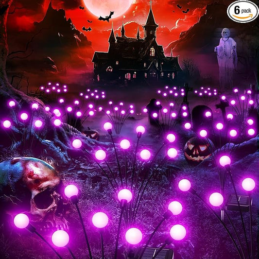 6Pack 48 LED Halloween Decorations Outdoor -LETMY Upgraded Swaying Solar Lights Outdoor, Waterproof Solar Firefly Lights Solar Halloween Lights for Pathway Yard Garden Decorations (Purple)