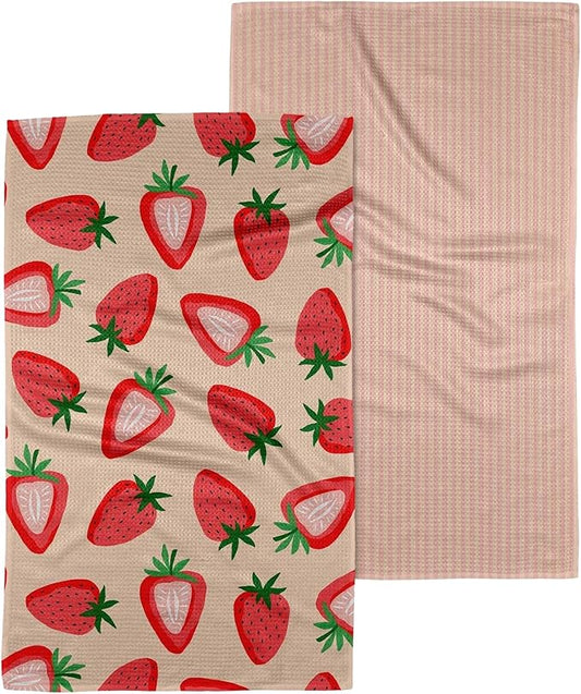 GEOMETRY Kitchen Towels Quick Dry Microfiber Premium Towel Strawberry Sunshine 2 Pack Set 18x30