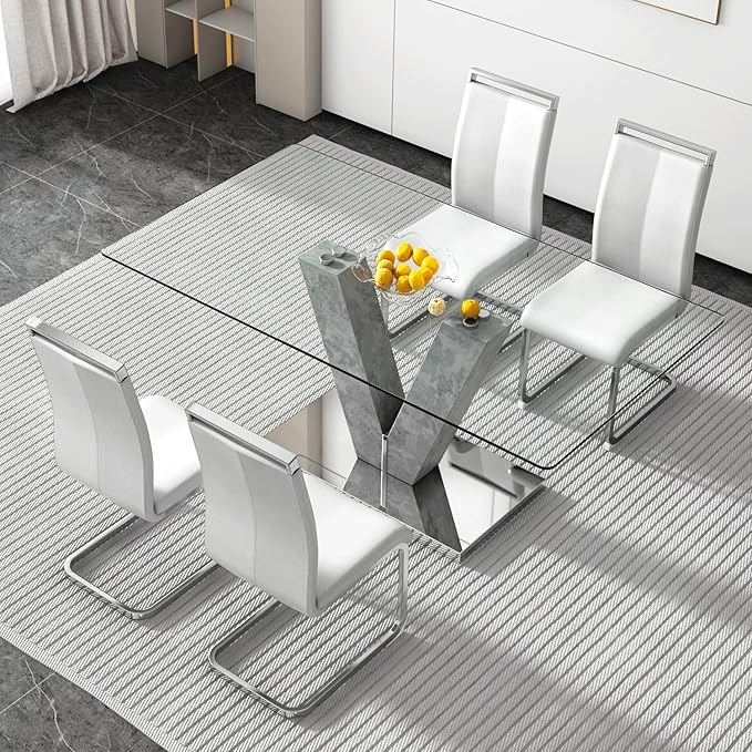 71" Glass Dining Table Set for 4, Kitchen Table and 4 PU Leather Chairs, Dining Table Set Ideal for Living Room