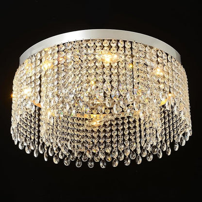 Modern Crystal Chandelier 20 inch Round Raindrop Crystal Chandeliers Flush Mount Chandelier Chrome Silver Ceiling Light Fixture for Living Room Dining Room Bedroom