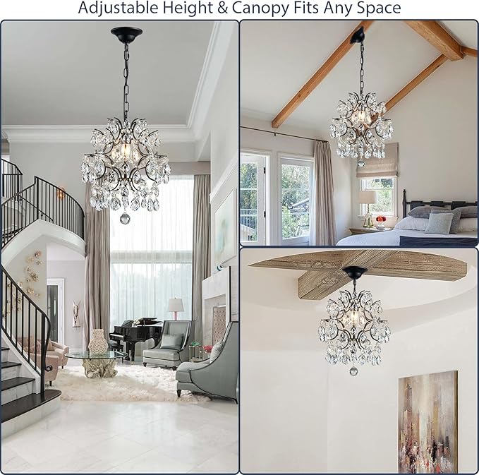 Bestier Black Modern Pendant Chandelier Crystal Raindrop Lighting Ceiling Light Fixture Lamp for Dining Room Bathroom Bedroom Livingroom entryway 1 E26 Bulbs Required D13 in x H16 in