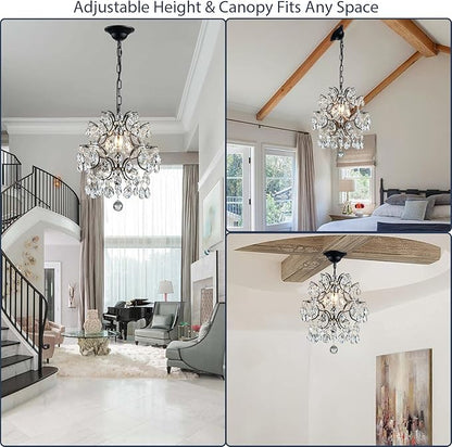 Bestier Black Modern Pendant Chandelier Crystal Raindrop Lighting Ceiling Light Fixture Lamp for Dining Room Bathroom Bedroom Livingroom entryway 1 E26 Bulbs Required D13 in x H16 in