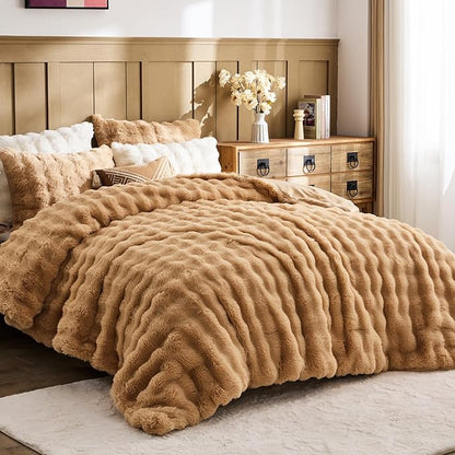 Lotus Karen Faux Fur Full Comforter Set – Brown Fluffy Comforter Full Size, Big Bubble Faux Rabbit Fur Bedding Comforter Sets, Winter Warm Cozy Fuzzy Bed Set 3 Pieces, 1 Comforter and 2 Pillowcases