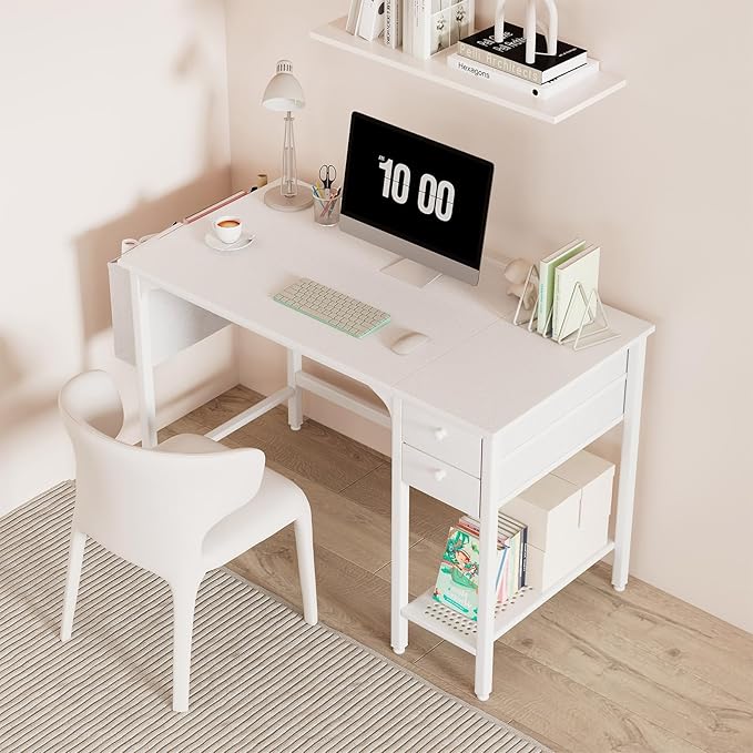 Lufeiya White Small Desk with Drawers - 40 Inch Computer Desk for Small Space Home Office, Modern Simple Study Writing Table PC Desks