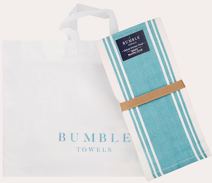 Premium Kitchen Towels 6 Pack Large Cotton Hand Towels Flat Terry Absorbent Tea Towels with Hanging Loop Wide Stripe Aqua 20x28