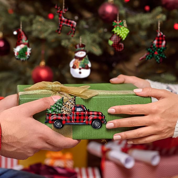 24 Pieces Christmas Wood Ornaments Snowflake Gnome Snowman Truck Wooden Hanging Ornaments Christmas Tree Cutouts Wood Crafts Holiday Decor Xmas Party Supplies (Xmas-Mixed-A)