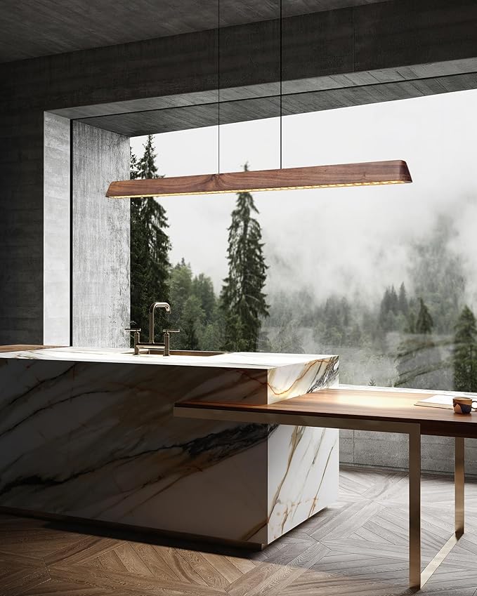 47" Wood Linear Pendant Light, Dimmable Kitchen Island Lighting with Remote, 30W LED Island Lights for Kitchen, Adjustable Linear Chandelier for Dinning Room Light Fixture, Bar, Pool Table - Walnut