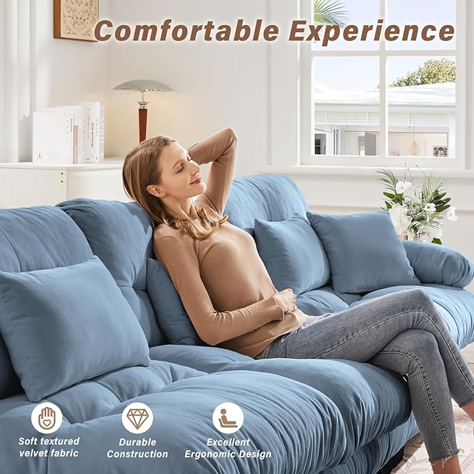 SoarFlash Modern Living Room Velvet Recliner Sofa, Loveseat Sofa for Apartment, Solid Wood Frame, Easy to Install (94.4 inch,Blue)