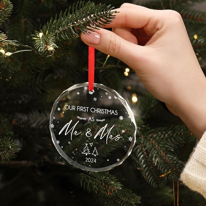 Anniversary Wedding Gifts for Him, Her, Christmas Ornament - Just Married, Romantic Couple Gifts for Husband and Wife - Christmas Tree Decoration Glass Ornament