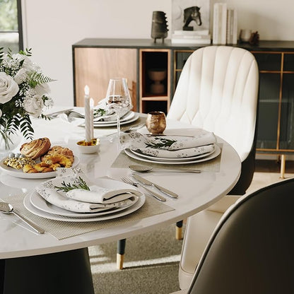 POVISON Round Dining Table for 4, 47'' Modern Dining Table Marble Round, Glossy White Sintered Stone Dining Tabletop with Solid Black Carbon Steel Base, Circle Kitchen Table (Table Only)