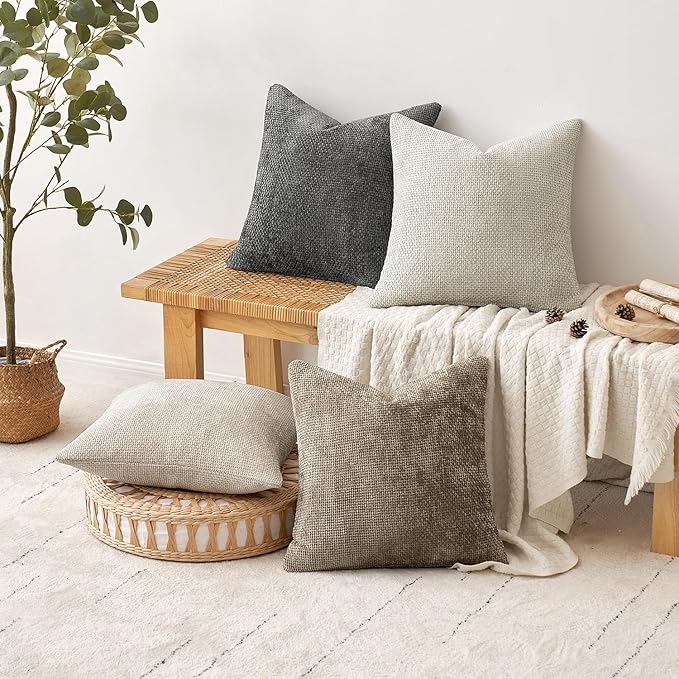 MIULEE Pack of 4  Throw Pillow Covers 22x22 Inch Neutral Soft Decorative Chenille Pillow Covers Farmhouse Boho Accent Cushion Covers for Mid Century Modern Home Decor Bedroom Living Room