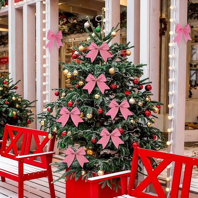 Cindeer 24 Pcs Pink Christmas Bow Decorations 6 x 6 Inches, Glitter Holiday Ornaments Sequin Ties Bows for Xmas Tree, Wreath, DIY Crafts, Gift Wrapping, Party Decor