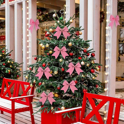 Cindeer 24 Pcs Pink Christmas Bow Decorations 6 x 6 Inches, Glitter Holiday Ornaments Sequin Ties Bows for Xmas Tree, Wreath, DIY Crafts, Gift Wrapping, Party Decor