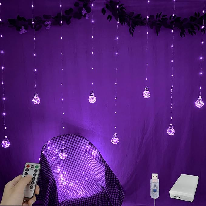 YOLIGHT Wishing Ball Curtain Lights 200 LED Window Curtain String Lights with Remote, USB Battery Powered Twinkle Globe Fairy Lights for Wedding Party Bedroom Halloween Christmas Decoration (Purple)