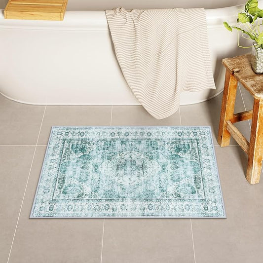Uphome Boho Bathroom Rugs, Distressed Farmhouse Sage Green Bath Mat, Comfy Velvet Small Bath Rugs Non Slip Washable, Vintage Oriental Toilet Rug for Sink Shower Vanity, 18x26 inch