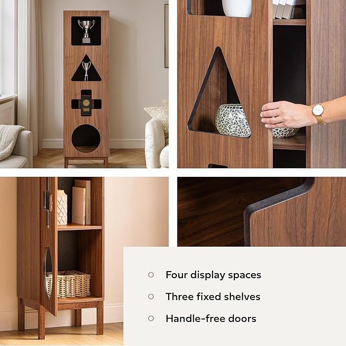 WERMO 18’’ Showcase Display Cabinet with Geometric Cut-Out Doors - Modern Curio Cabinet for Dining Room, Living Room, Entryway. Trophy Case, Collectible Display Case Wood with Door & Storage Consoles (Walnut)
