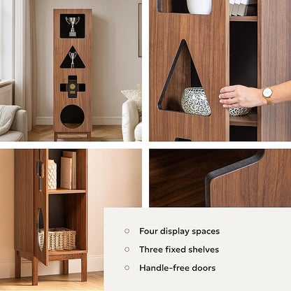 WERMO 18’’ Showcase Display Cabinet with Geometric Cut-Out Doors - Modern Curio Cabinet for Dining Room, Living Room, Entryway. Trophy Case, Collectible Display Case Wood with Door & Storage Consoles (Walnut)