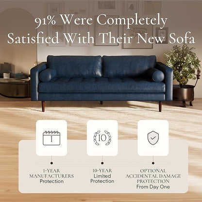 Poly & Bark Napa Leather Couch - 88.5-Inch Office Sofa with 2 Bolsters - Full-Grain Leather Sofa for Living Room with Feather-Down Topper - Living Room Couch - Vintage Italian Leather in Midnight Blue