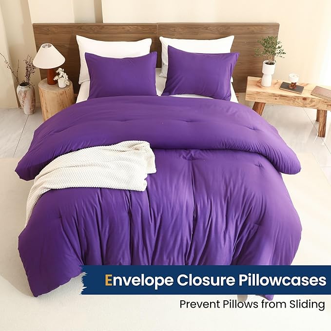 Paxrac Dreamy Purple Comforter Set Full Size, 3 Pieces Romantic Style Comforter Set, Lightweight Solid Bedding Set, All Seasons Soft Fluffy Full Bed Set (80x90In Comforter & 2 Pillowcases)