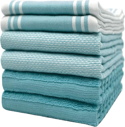 Premium Kitchen Towels 6 Pack Large Cotton Hand Towels Flat Terry Absorbent Tea Towels with Hanging Loop Wide Stripe Aqua 20x28