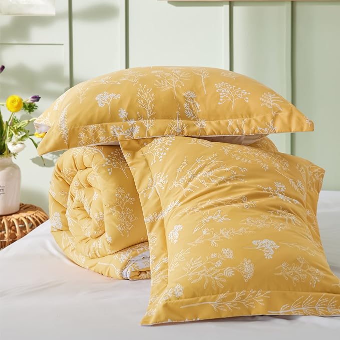 Bedsure Queen Comforter Set - Yellow Bed Set, 3 Pieces Cute Floral Bedding, 1 Soft Reversible Botanical Flowers Comforter and 2 Pillow Shams
