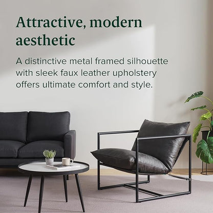 ZINUS Aidan Faux Leather Sling Accent Chair, Metal Framed Armchair with Shredded Foam Cushioning, Slate Grey