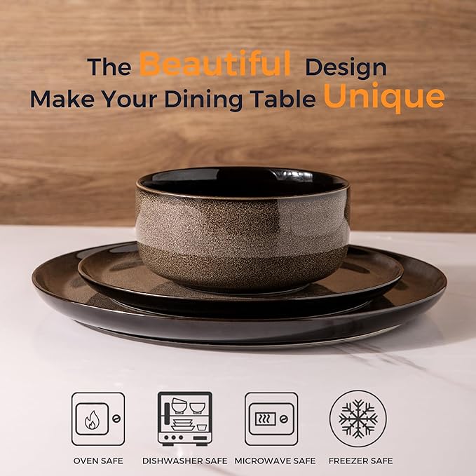 LeRATIO Ceramic Dinnerware Set of 4, Poreclain Plates, Bowls, Handmade Reactive Glaze Dishes, Chip Resistant, Oven & Dishwasher Safe, Service for 4-Espresso Brown