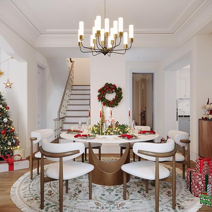 POVISON Round Dining Table for 4-6, 51" Glossy White Sintered Stone Top with Bronze Carbon Steel Pedestal