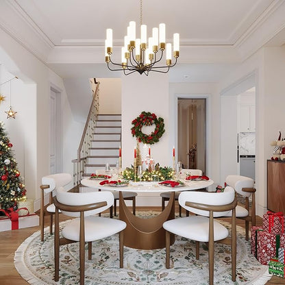POVISON Round Dining Table for 4-6, 51" Glossy White Sintered Stone Top with Bronze Carbon Steel Pedestal