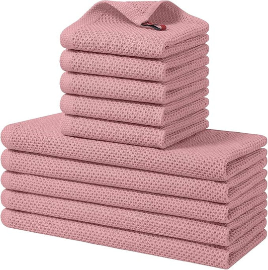 Homaxy 100% Cotton Kitchen Towels and Dishcloths Set, 12 x 12 Inches and 13 x 28 Inches, Set of 10 Bulk Kitchen Towels Set, Ultra Soft Absorbent Dish Cloths for Washing Dishes, Dried Rose